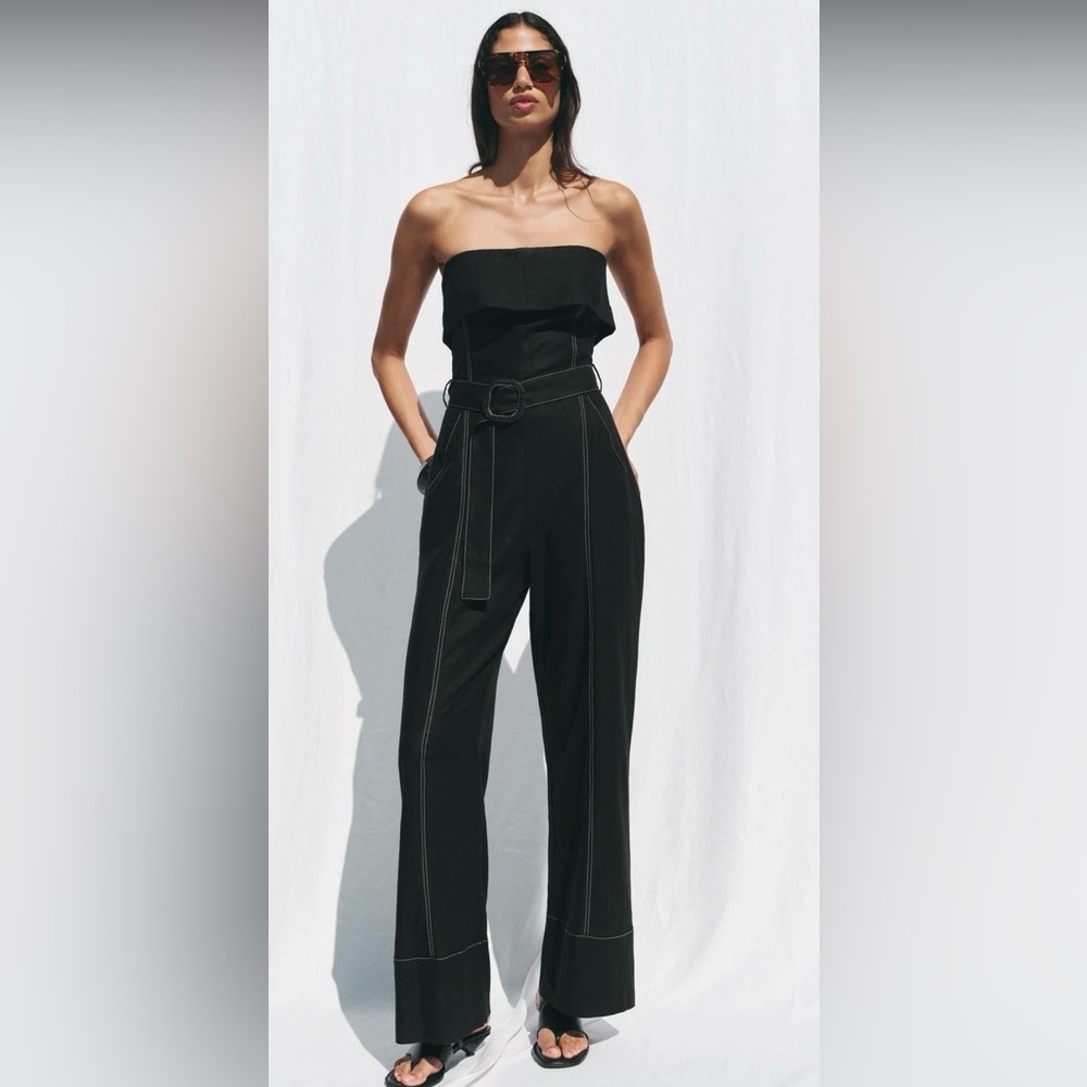 ZARA STRAPLESS LINEN BLEND JUMPSUIT WITH POCKETS